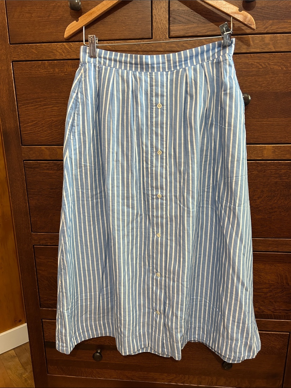 Striped Blue and White Button-Front Midi Skirt